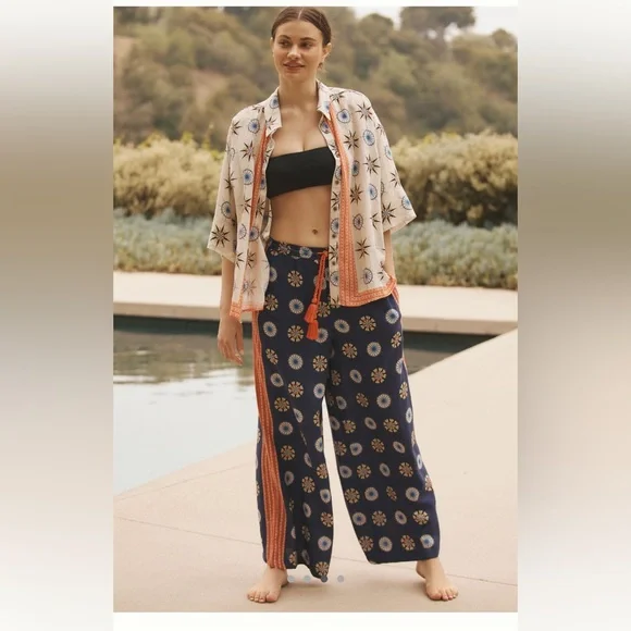 Super chic Anthropologie NWT Set Linen blend generously sized SM top & pants - Picture 1 of 16